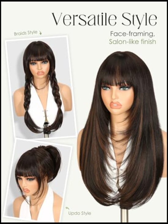 Long Straight Layered Wig with Bangs Heat Resistant Synthetic Full Head Easy